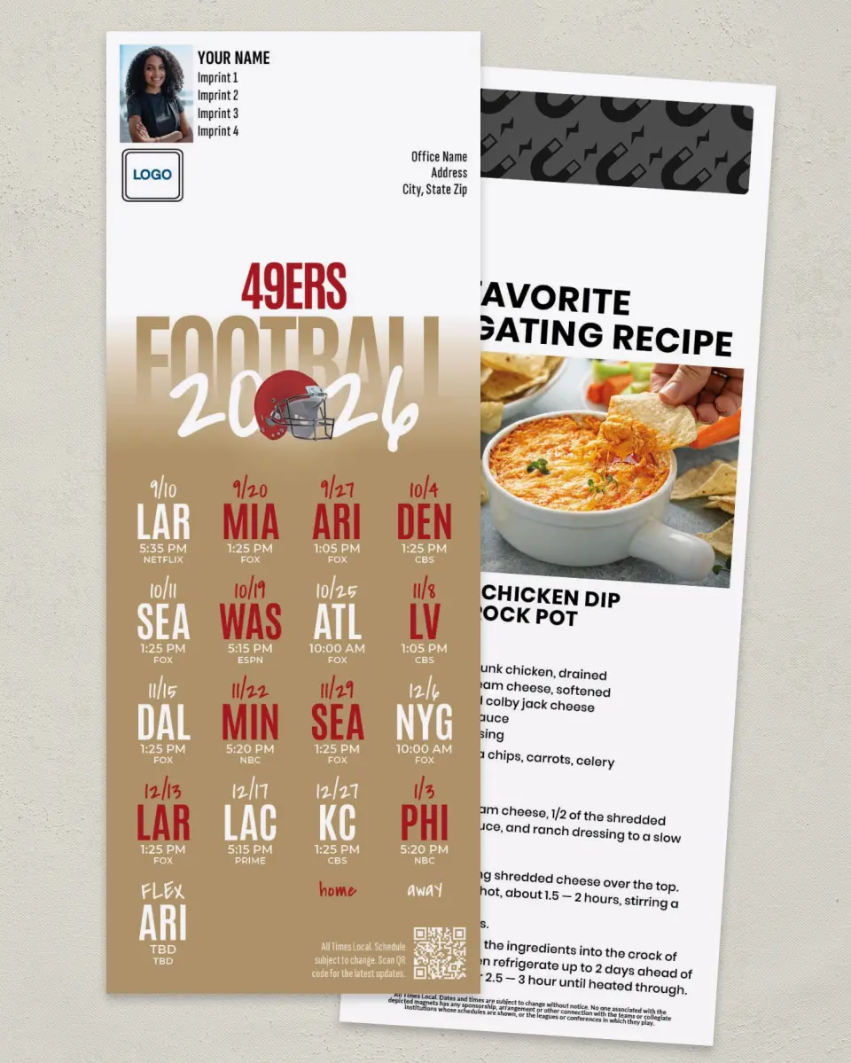 This is a 3½" x 9" Football Schedule Magnet called 49ers printed in full color