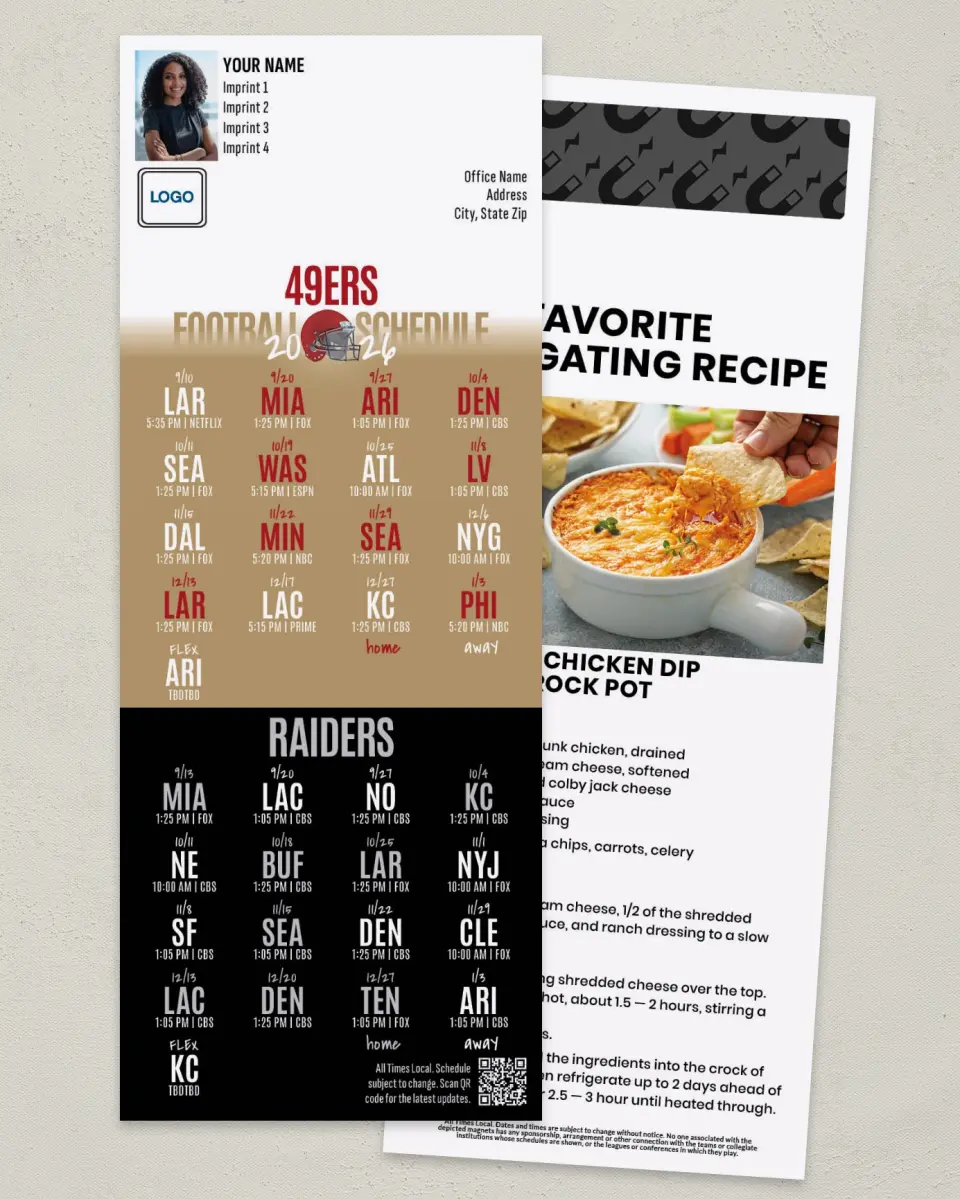 This is a 3½" x 9" Football Schedule Magnet called 49ers + Raiders printed in full color
