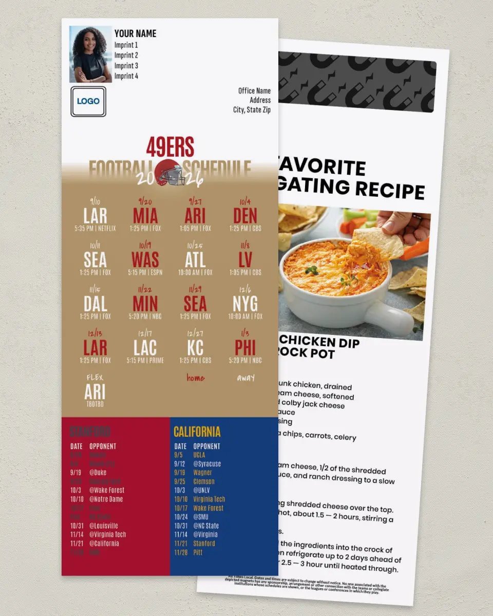 This is a 3½" x 9" Football Schedule Magnet called 49ers + Stanford University + University of California printed in full color