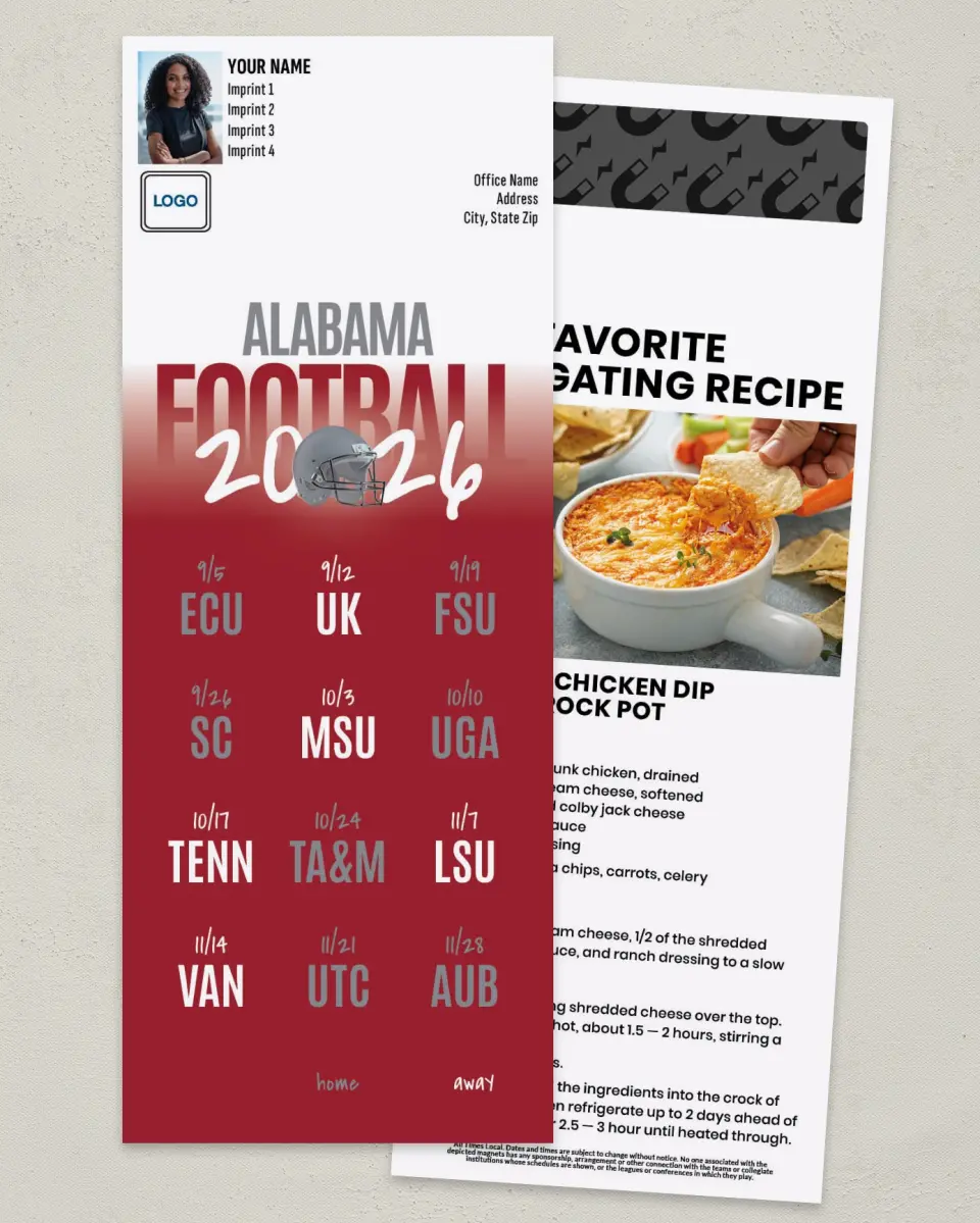 This is a 3½" x 9" Football Schedule Magnet called Alabama printed in full color