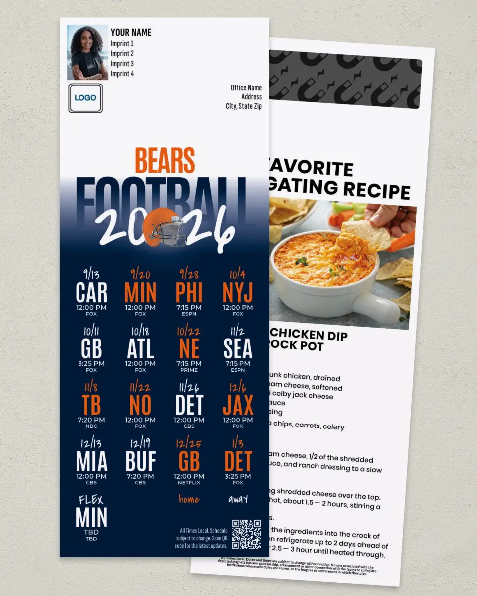 This is a 3½" x 9" Football Schedule Magnet called Bears printed in full color