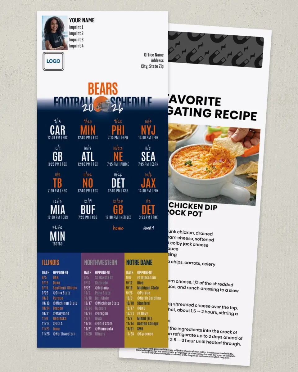 This is a 3½" x 9" Football Schedule Magnet called Bears + University of IL + Northwestern Univ + Notre Dame printed in full color
