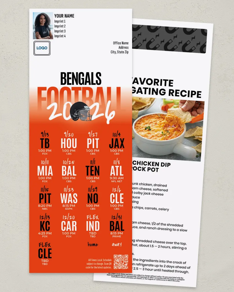 This is a 3½" x 9" Football Schedule Magnet called Bengals printed in full color