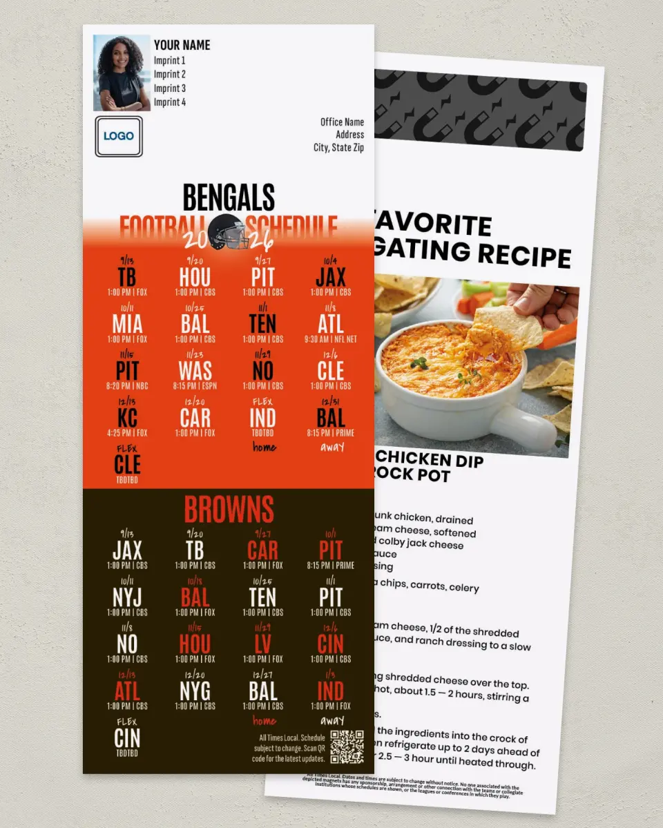 This is a 3½" x 9" Football Schedule Magnet called Bengals + Browns printed in full color
