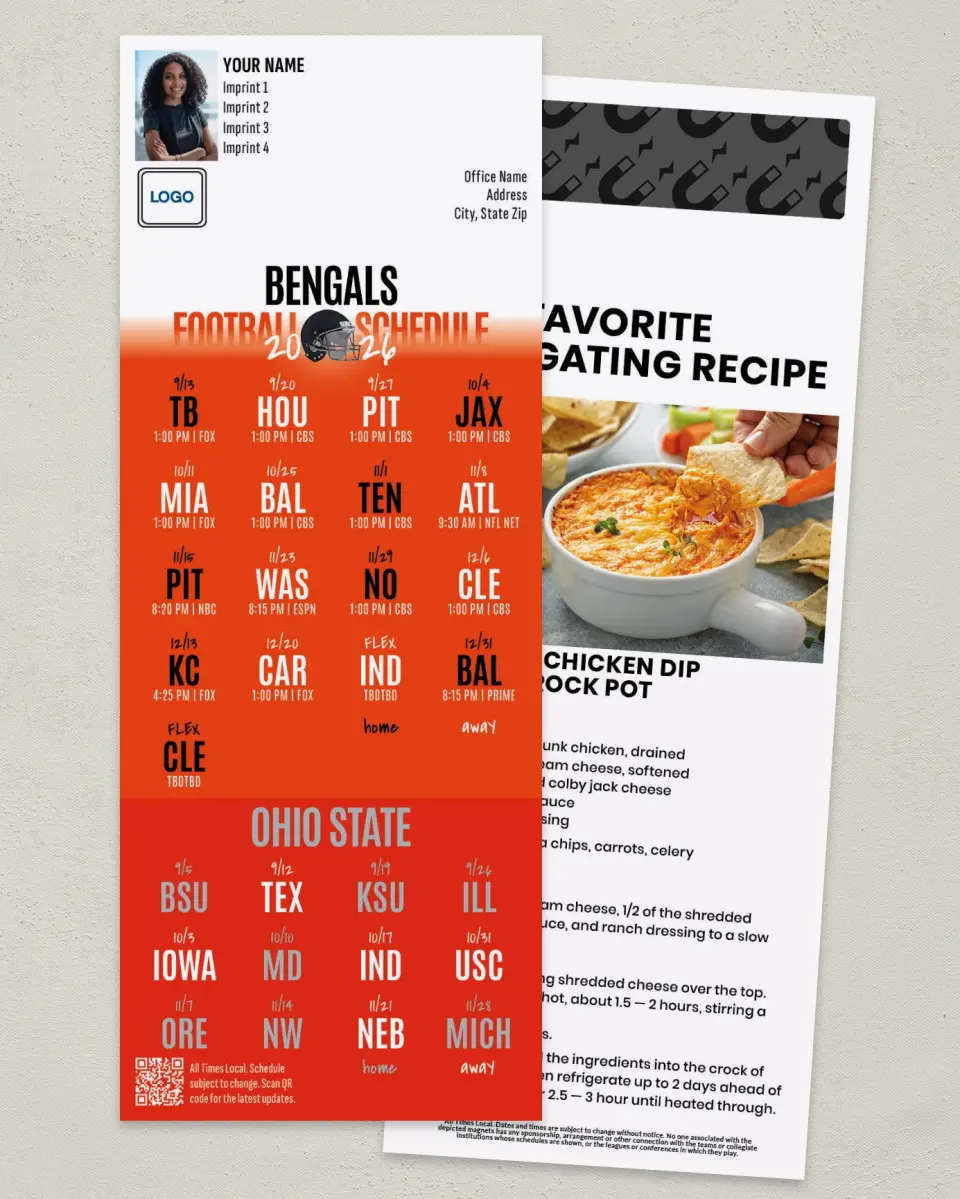 This is a 3½" x 9" Football Schedule Magnet called Bengals + Ohio State printed in full color