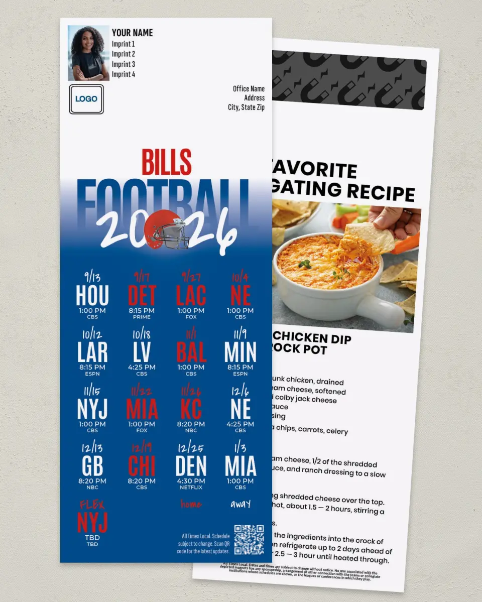 This is a 3½" x 9" Football Schedule Magnet called Bills printed in full color