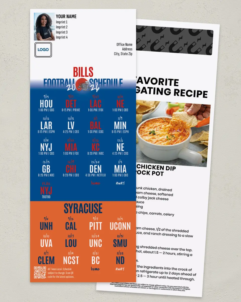 This is a 3½" x 9" Football Schedule Magnet called Bills + Syracuse printed in full color