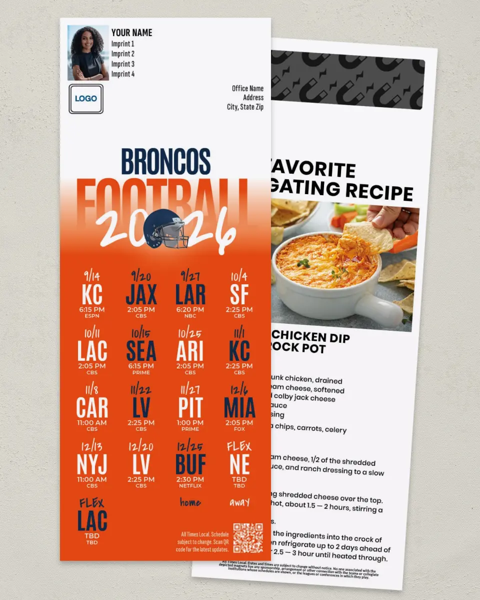 This is a 3½" x 9" Football Schedule Magnet called Broncos printed in full color