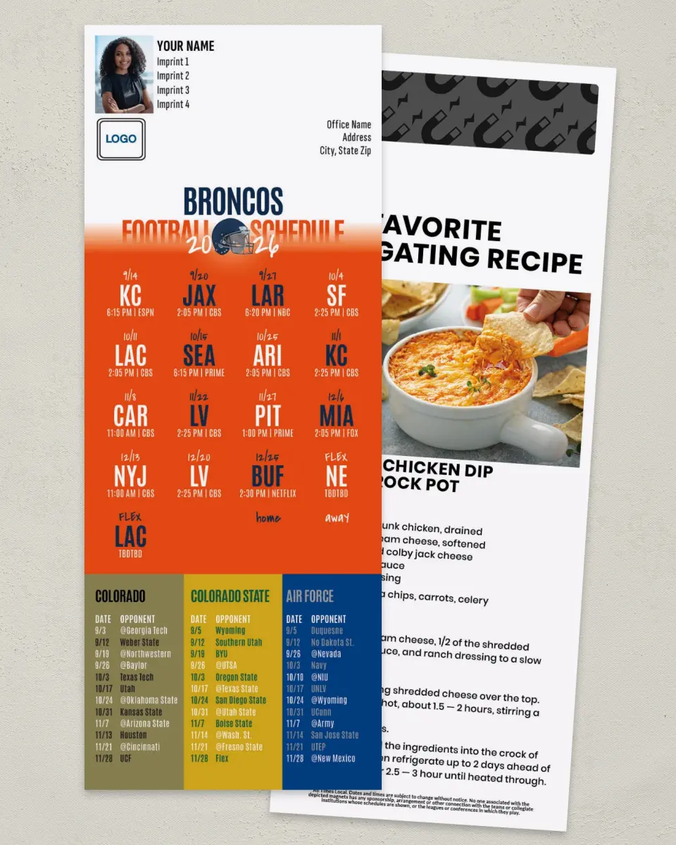 This is a 3½" x 9" Football Schedule Magnet called Broncos + University of CO + CO State + Air Force Academy printed in full color