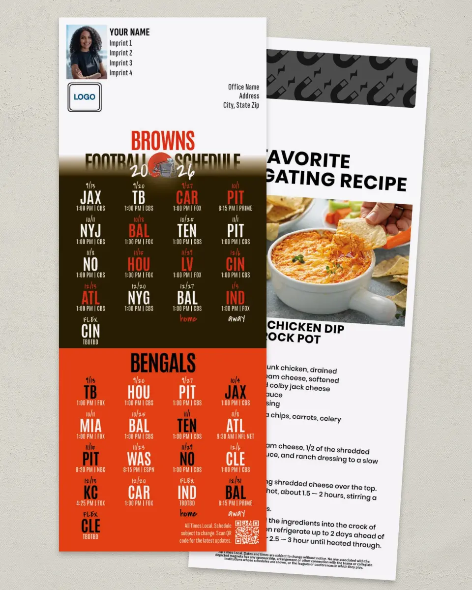 This is a 3½" x 9" Football Schedule Magnet called Browns + Bengals printed in full color