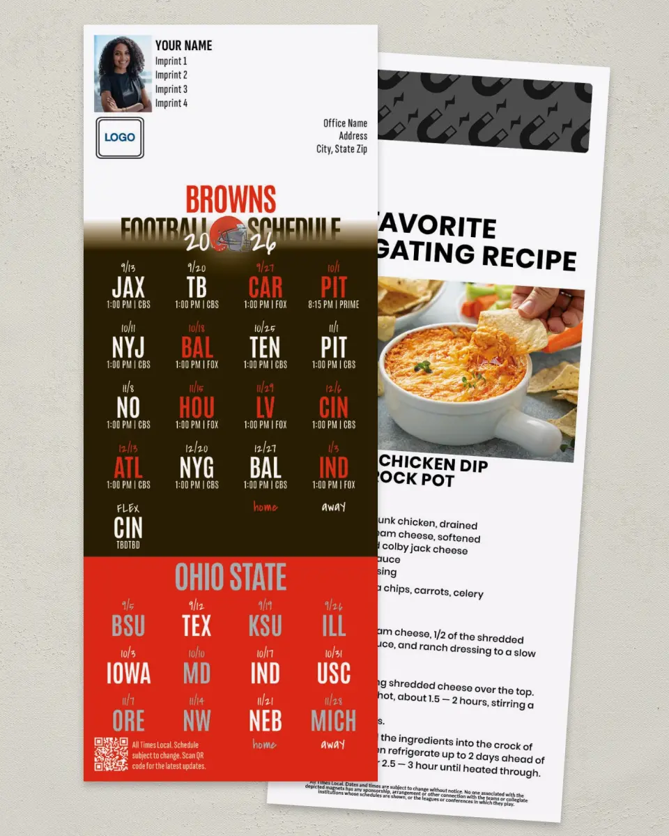 This is a 3½" x 9" Football Schedule Magnet called Browns + Ohio State printed in full color