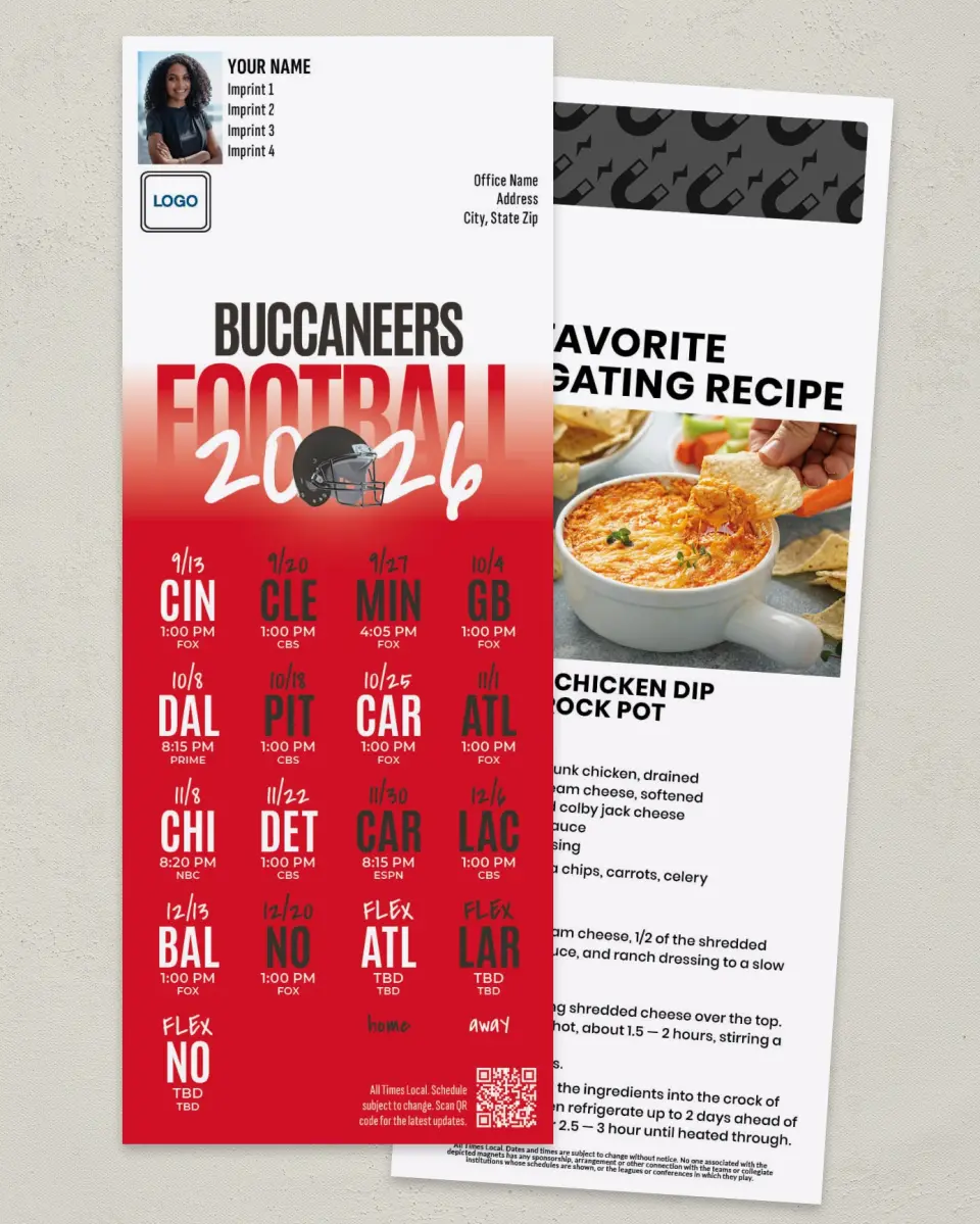 This is a 3½" x 9" Football Schedule Magnet called Buccaneers printed in full color