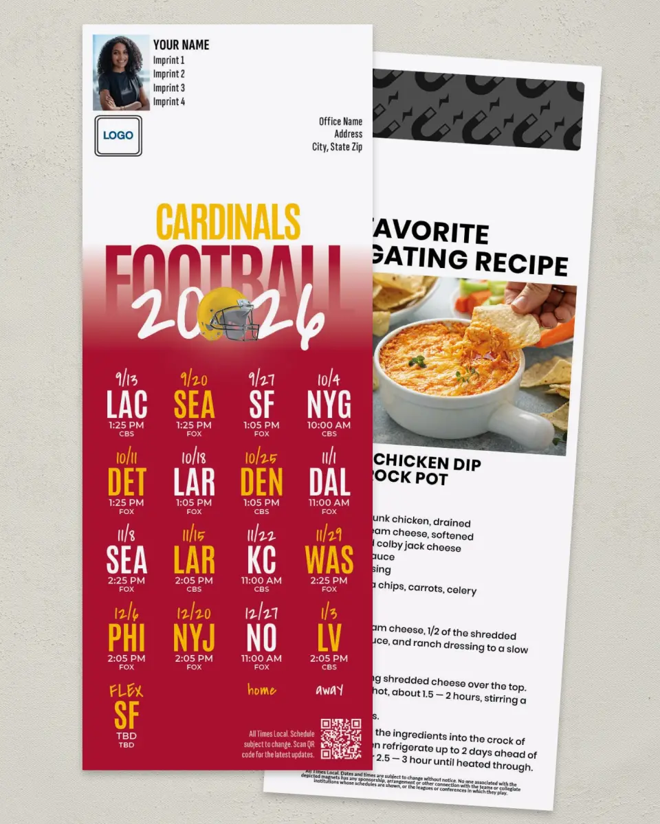 This is a 3½" x 9" Football Schedule Magnet called Cardinals printed in full color