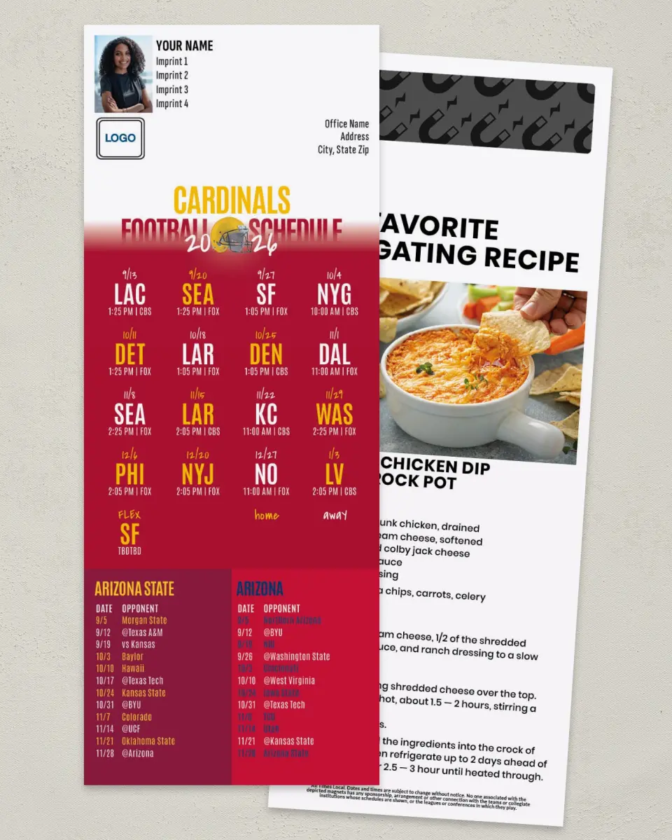 This is a 3½" x 9" Football Schedule Magnet called Cardinals + Arizona State Sun Devils + Arizona Wildcats printed in full color