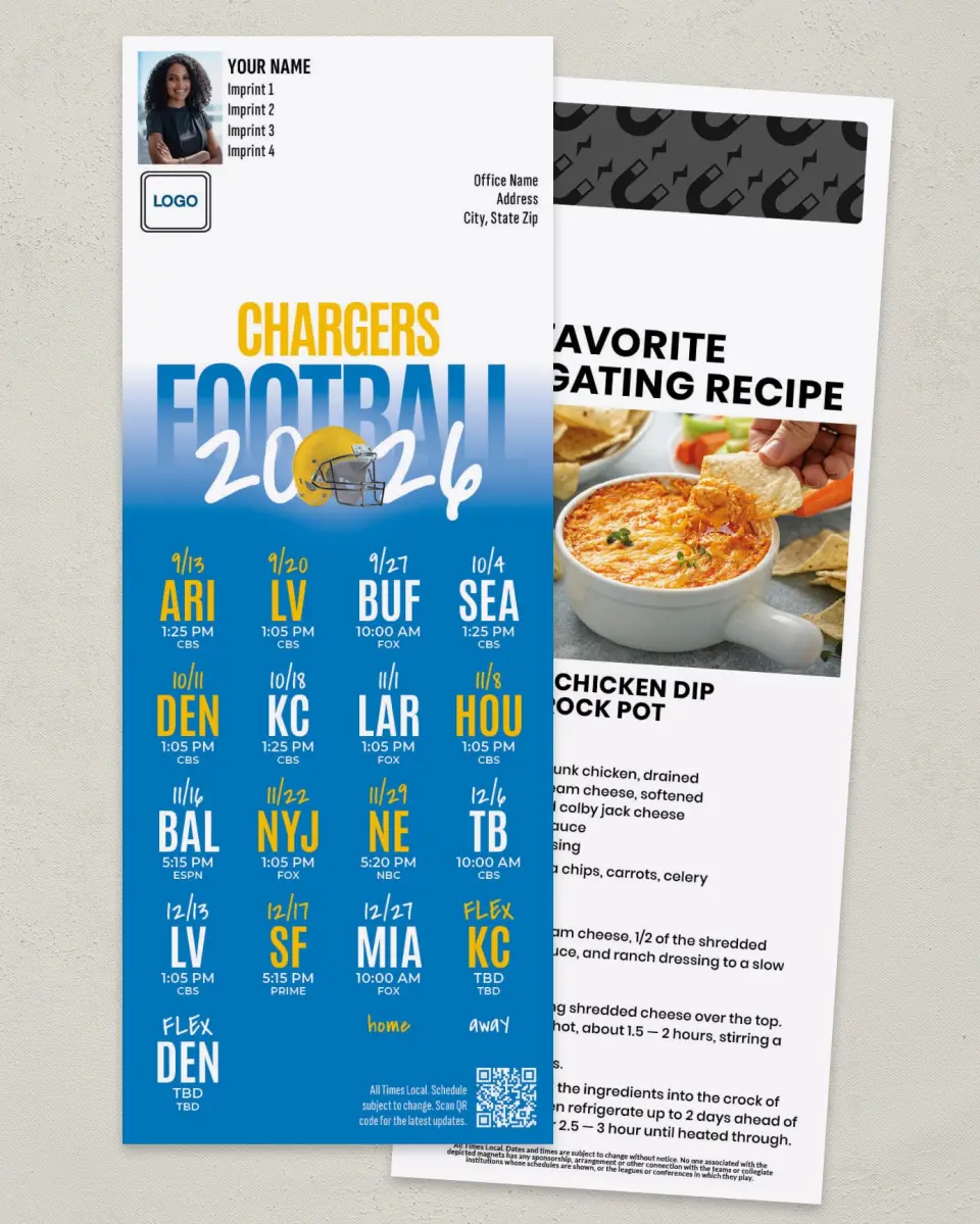 This is a 3½" x 9" Football Schedule Magnet called Chargers printed in full color