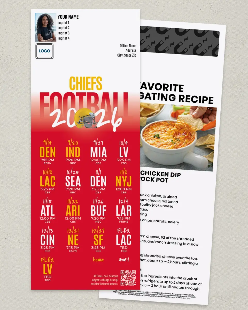 This is a 3½" x 9" Football Schedule Magnet called Chiefs printed in full color