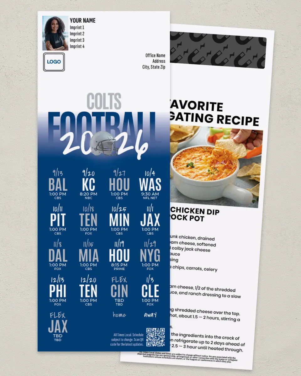 This is a 3½" x 9" Football Schedule Magnet called Colts printed in full color