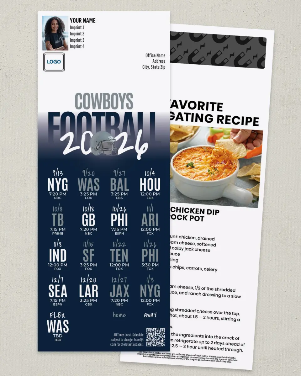This is a 3½" x 9" Football Schedule Magnet called Cowboys printed in full color