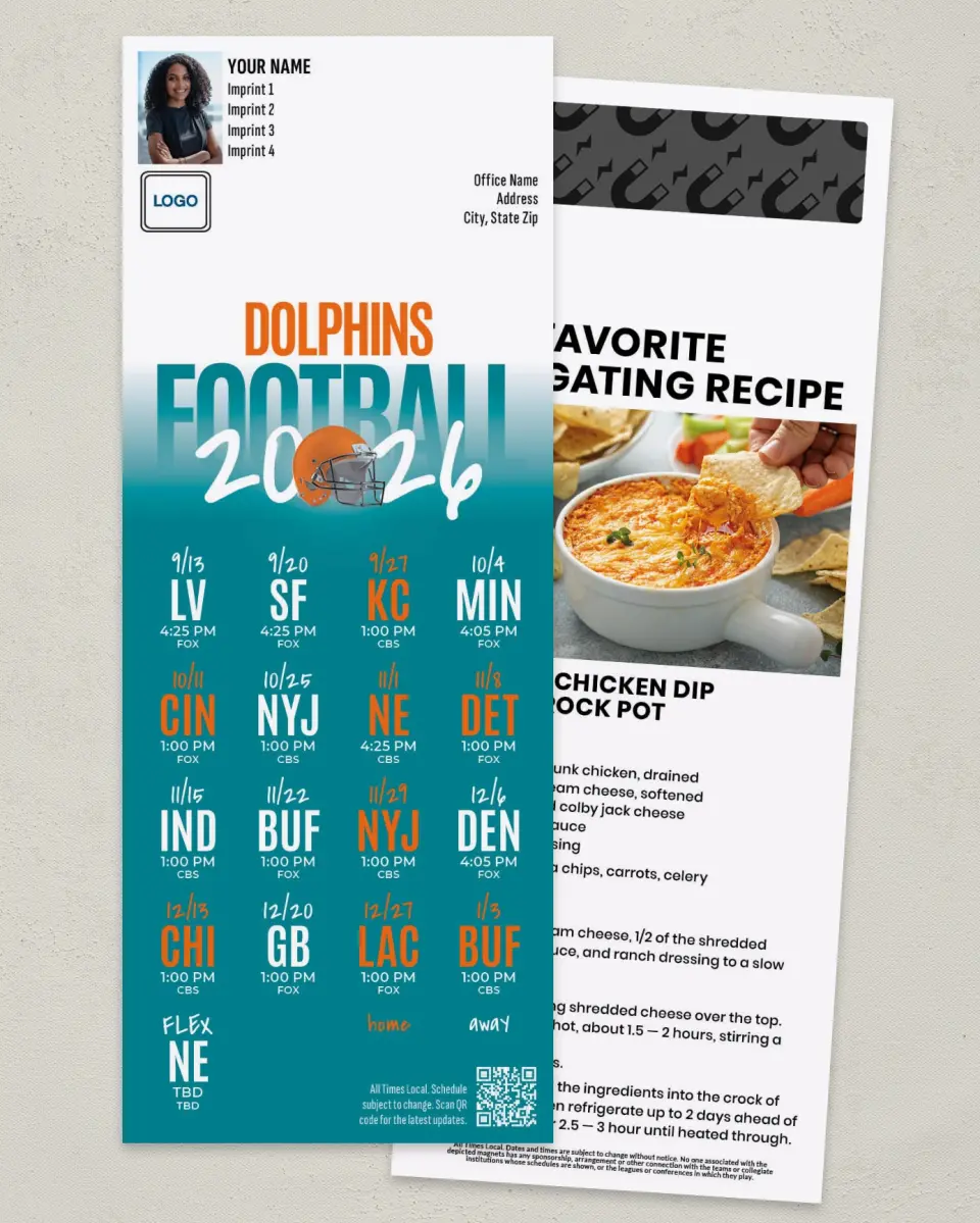 This is a 3½" x 9" Football Schedule Magnet called Dolphins printed in full color