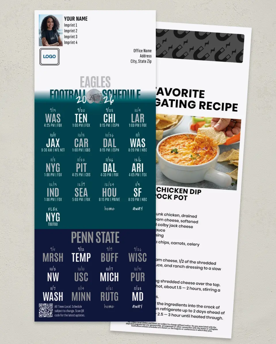 This is a 3½" x 9" Football Schedule Magnet called Eagles + Penn State printed in full color