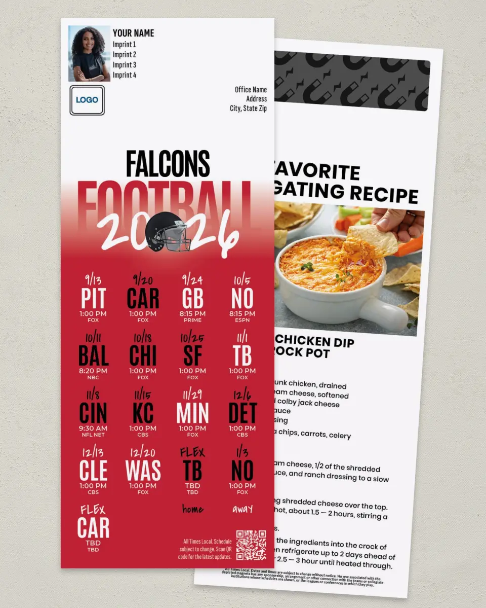 This is a 3½" x 9" Football Schedule Magnet called Falcons printed in full color