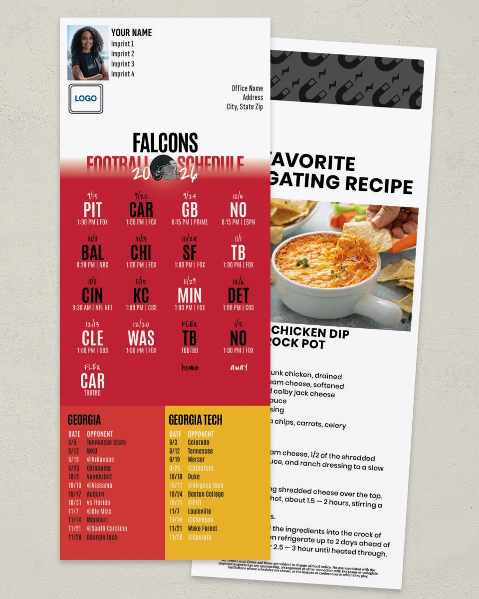 This is a 3½" x 9" Football Schedule Magnet called Falcons + University of Georgia + Georgia Tech printed in full color