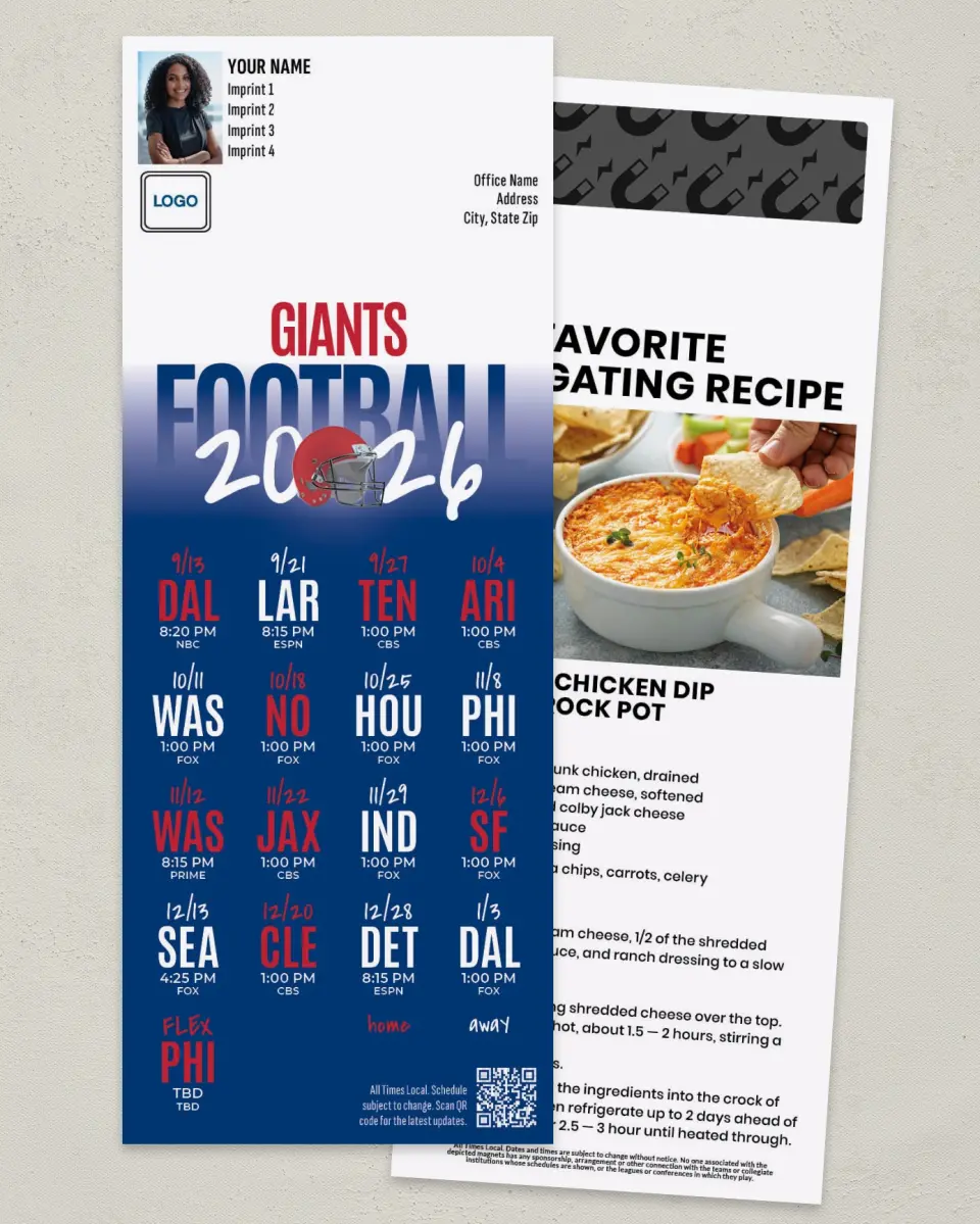 This is a 3½" x 9" Football Schedule Magnet called Giants printed in full color