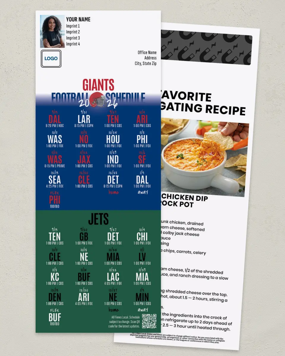 This is a 3½" x 9" Football Schedule Magnet called Giants + Jets printed in full color