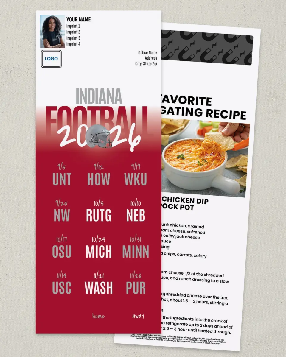 This is a 3½" x 9" Football Schedule Magnet called Indiana printed in full color