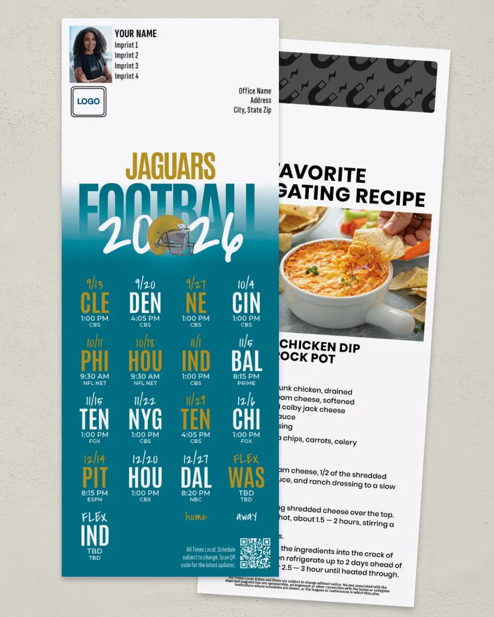 This is a 3½" x 9" Football Schedule Magnet called Jaguars printed in full color