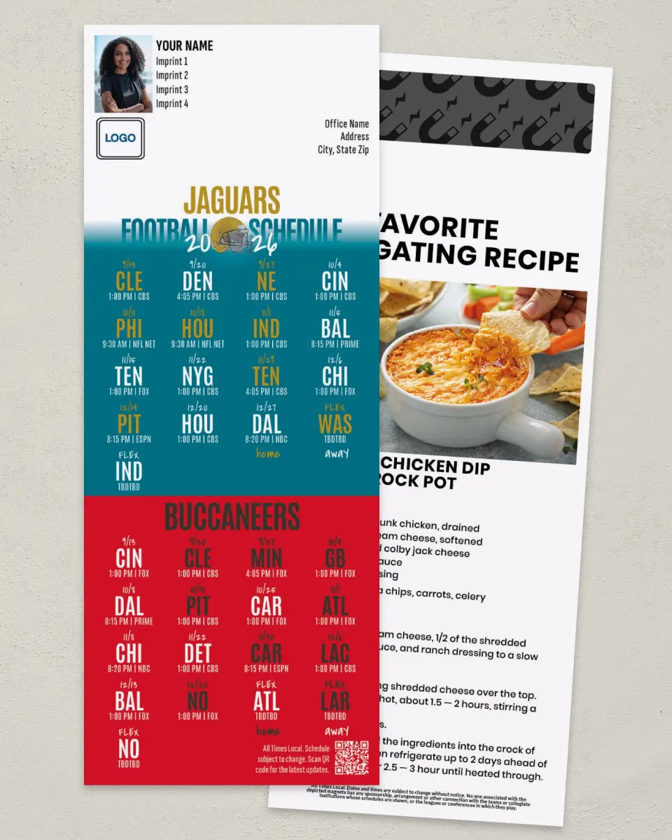 This is a 3½" x 9" Football Schedule Magnet called Jaguars + Buccaneers printed in full color
