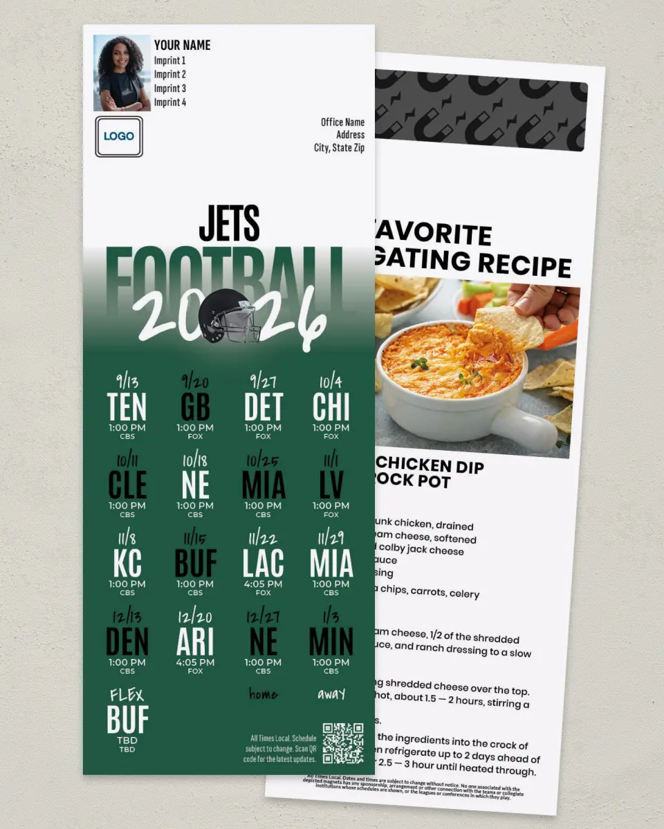 This is a 3½" x 9" Football Schedule Magnet called Jets printed in full color