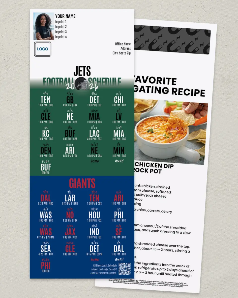 This is a 3½" x 9" Football Schedule Magnet called Jets + Giants printed in full color