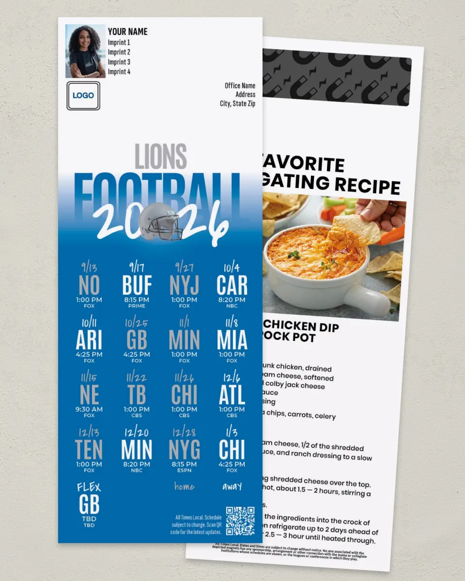 This is a 3½" x 9" Football Schedule Magnet called Lions printed in full color