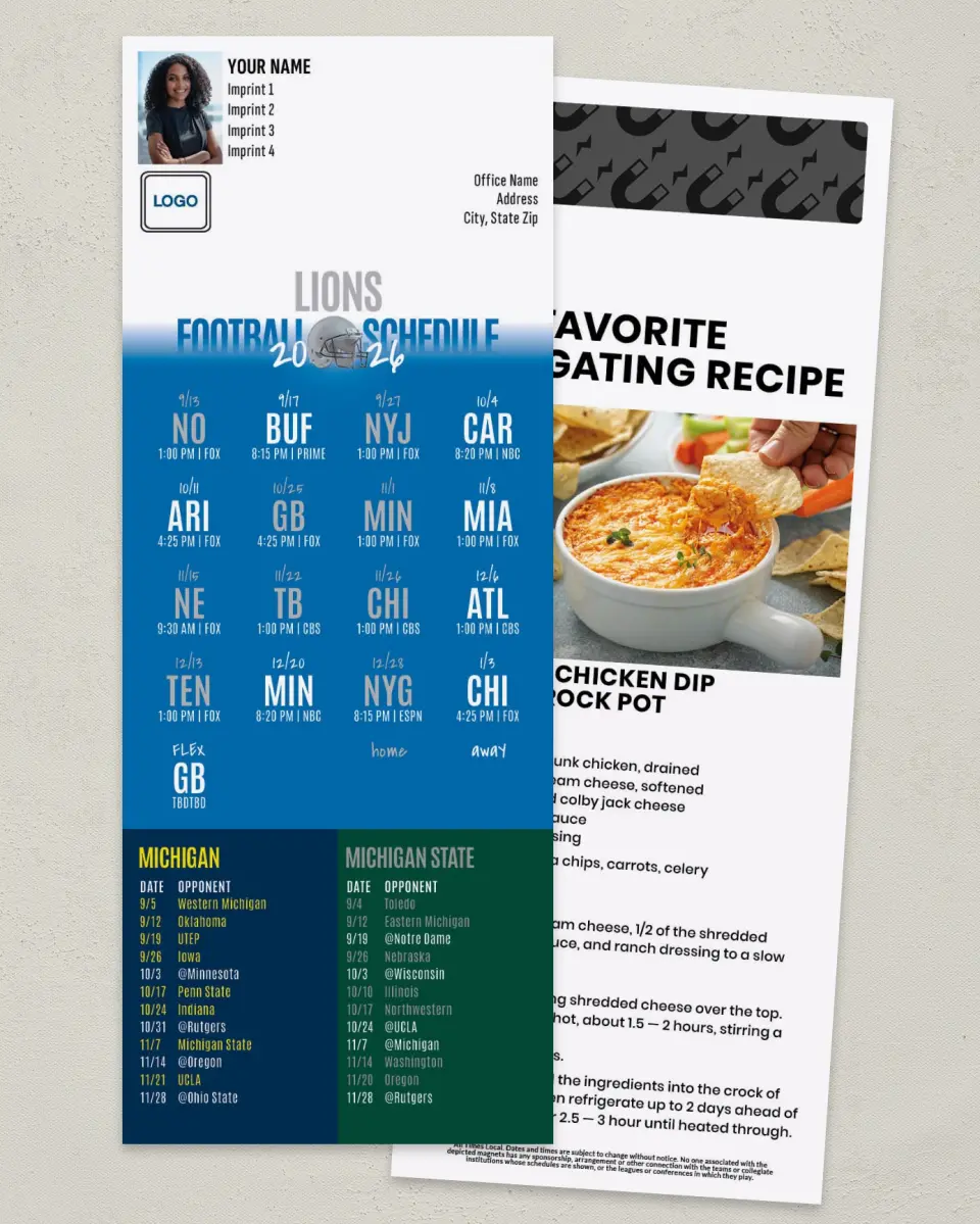 This is a 3½" x 9" Football Schedule Magnet called Lions + University of Michigan + Michigan State University printed in full color