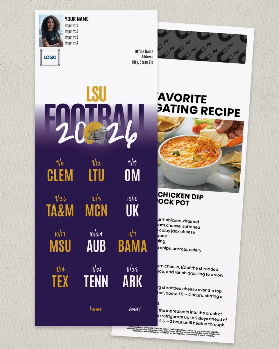 This is a 3½" x 9" Football Schedule Magnet called LSU printed in full color