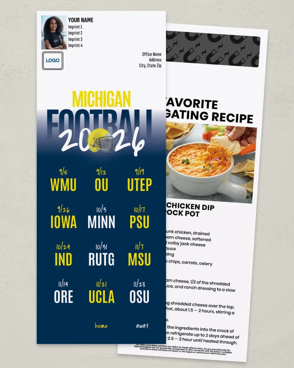 This is a 3½" x 9" Football Schedule Magnet called Michigan printed in full color