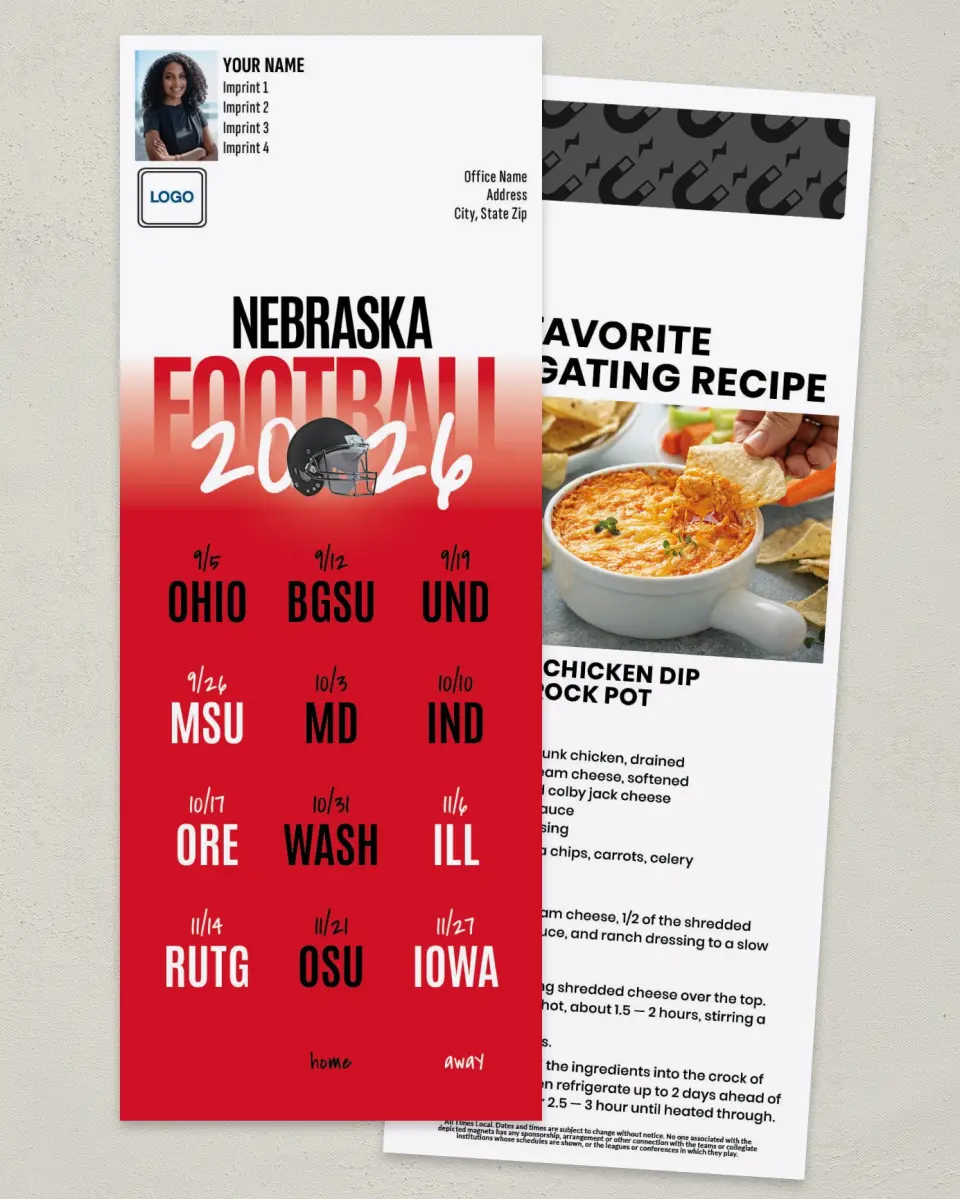 This is a 3½" x 9" Football Schedule Magnet called Nebraska printed in full color