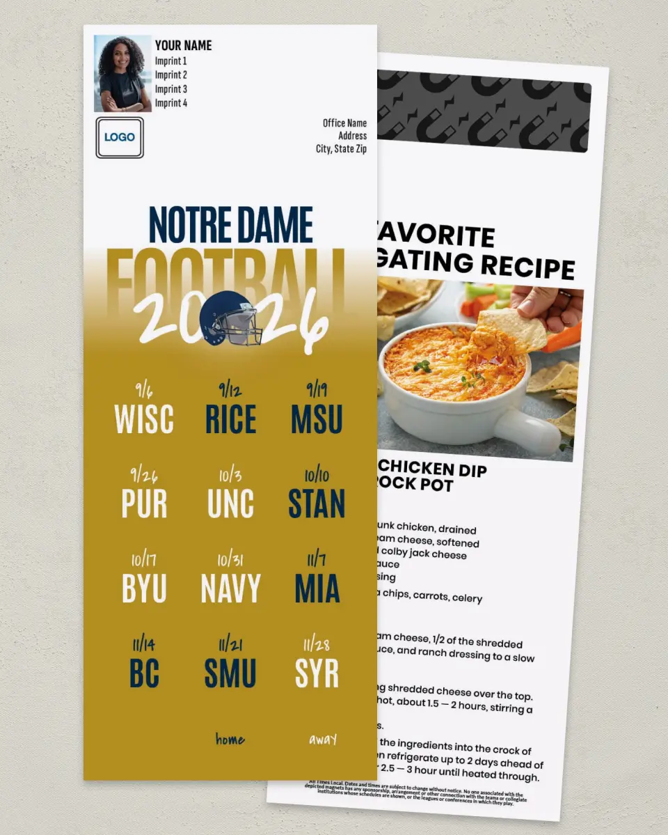 This is a 3½" x 9" Football Schedule Magnet called Notre Dame printed in full color