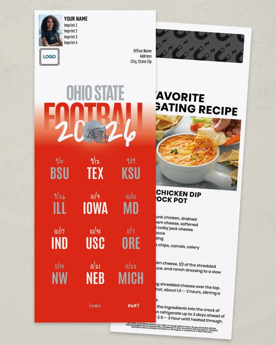 This is a 3½" x 9" Football Schedule Magnet called Ohio State printed in full color