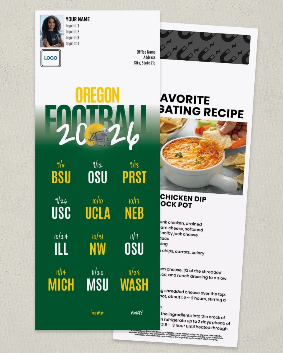This is a 3½" x 9" Football Schedule Magnet called Oregon printed in full color