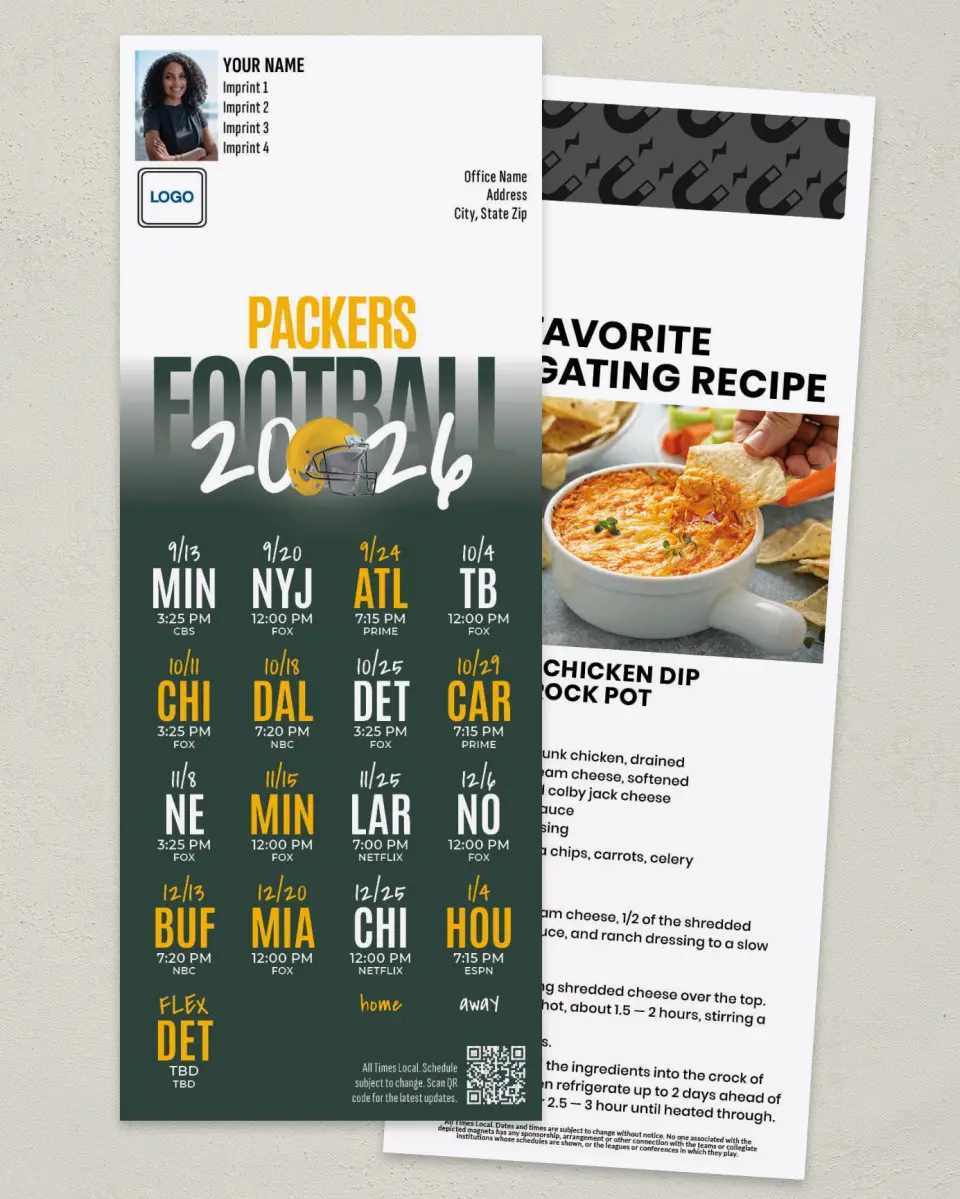 This is a 3½" x 9" Football Schedule Magnet called Packers printed in full color