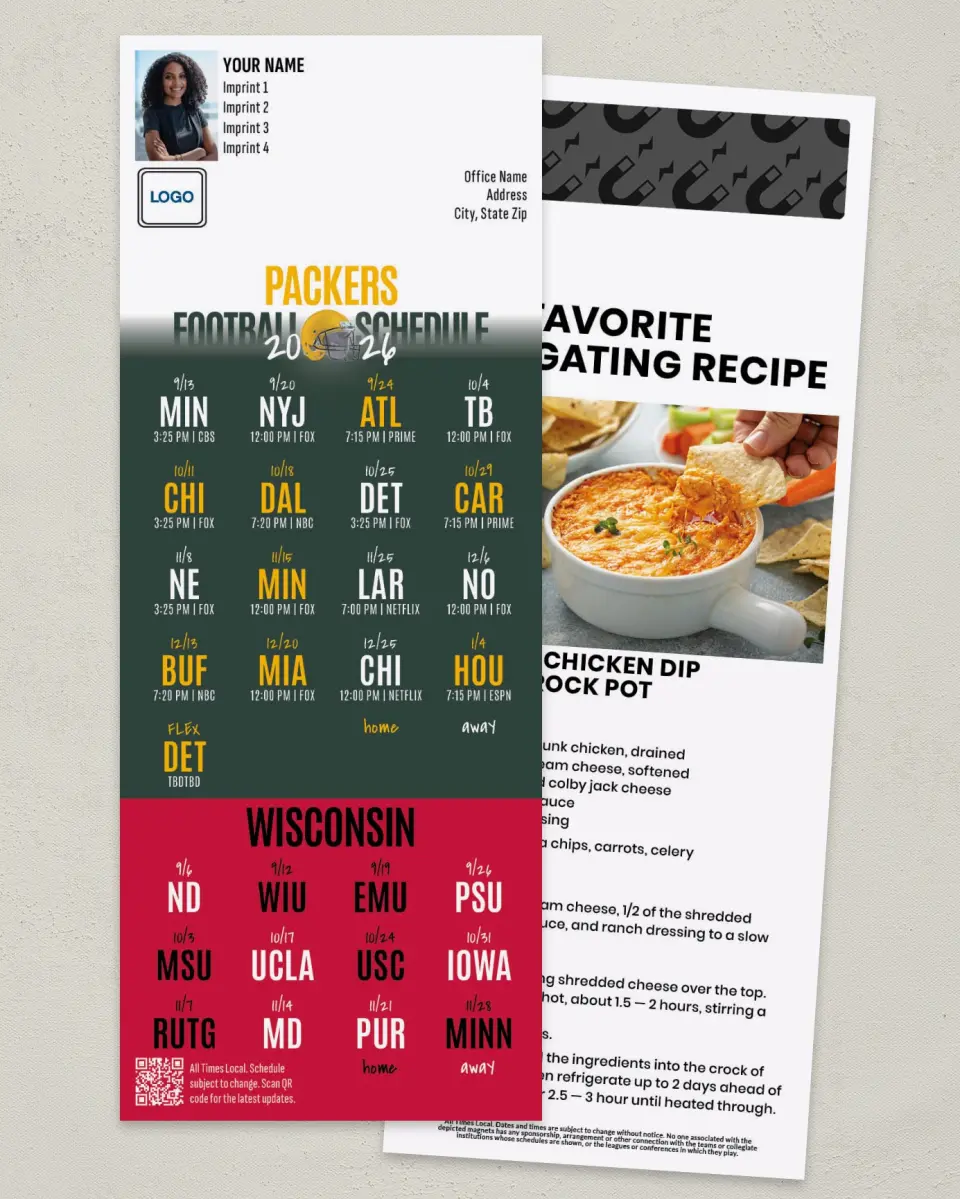 This is a 3½" x 9" Football Schedule Magnet called Packers + Wisconsin printed in full color