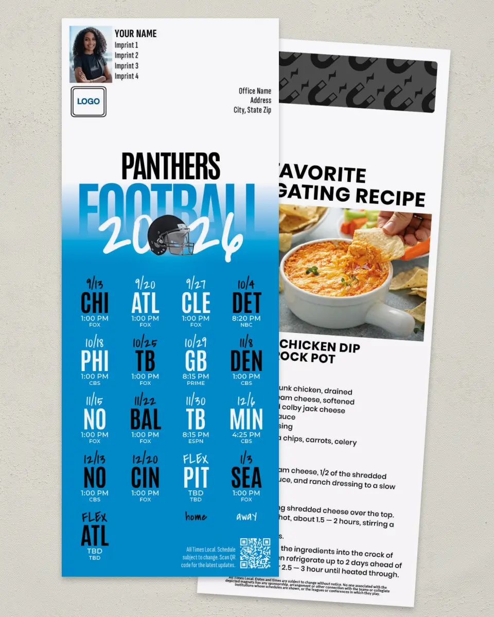 This is a 3½" x 9" Football Schedule Magnet called Panthers printed in full color