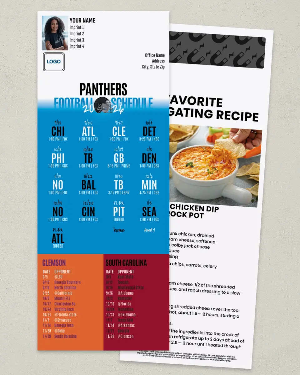 This is a 3½" x 9" Football Schedule Magnet called Panthers + Clemson + South Carolina printed in full color