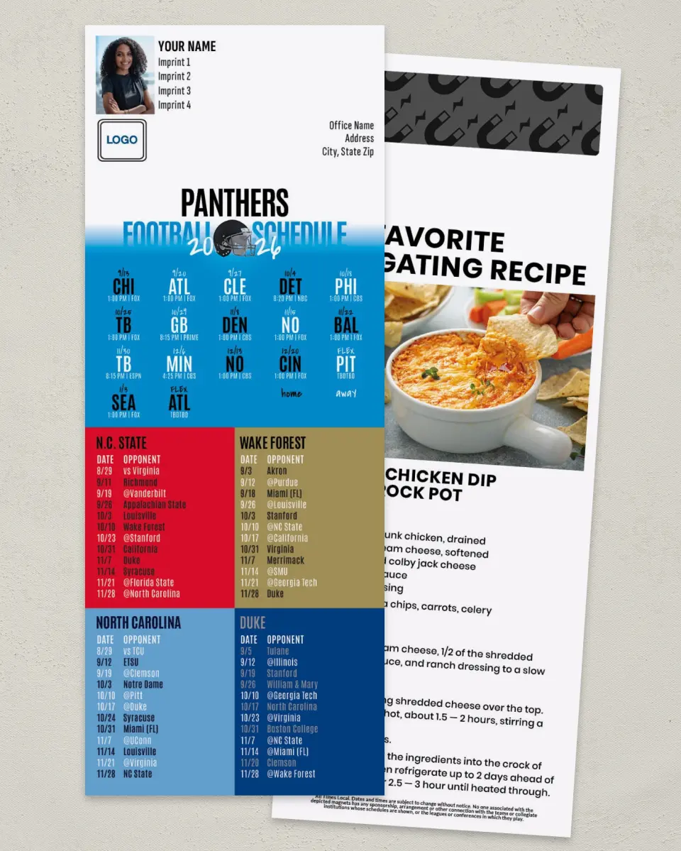 This is a 3½" x 9" Football Schedule Magnet called Panthers + NC State + Wake Forest + University of NC + Duke printed in full color