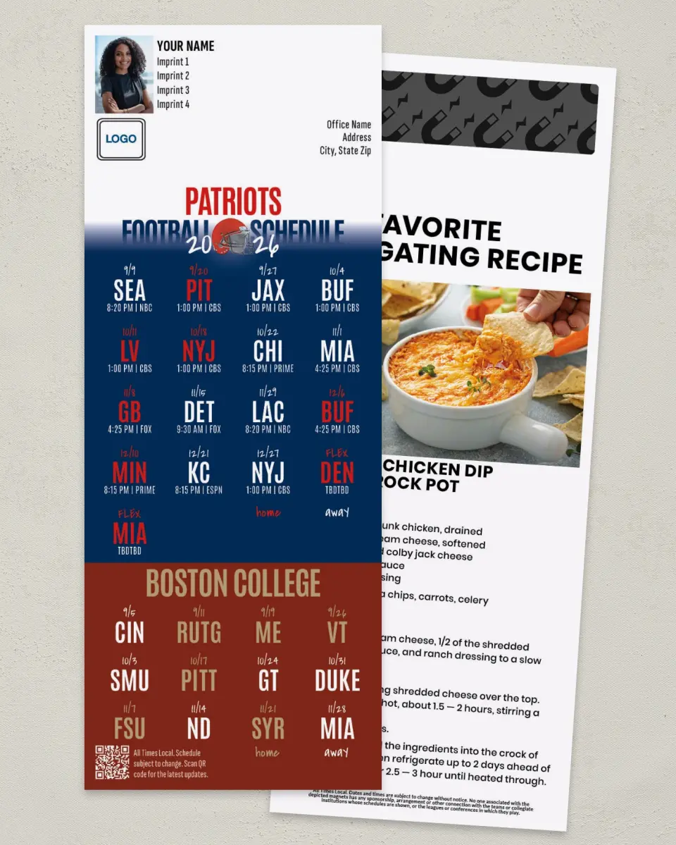 This is a 3½" x 9" Football Schedule Magnet called Patriots + Boston College printed in full color