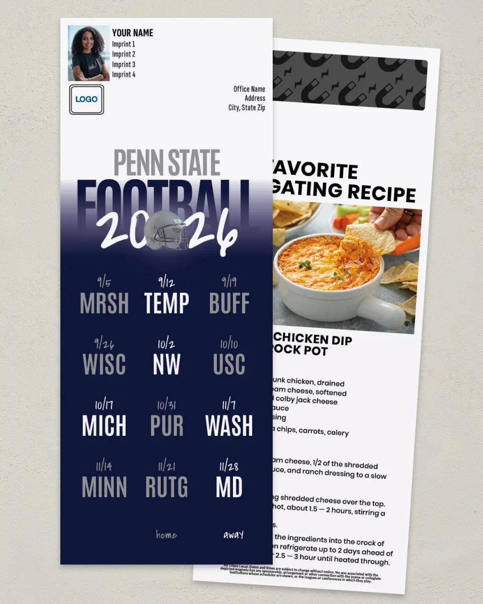 This is a 3½" x 9" Football Schedule Magnet called Penn State printed in full color