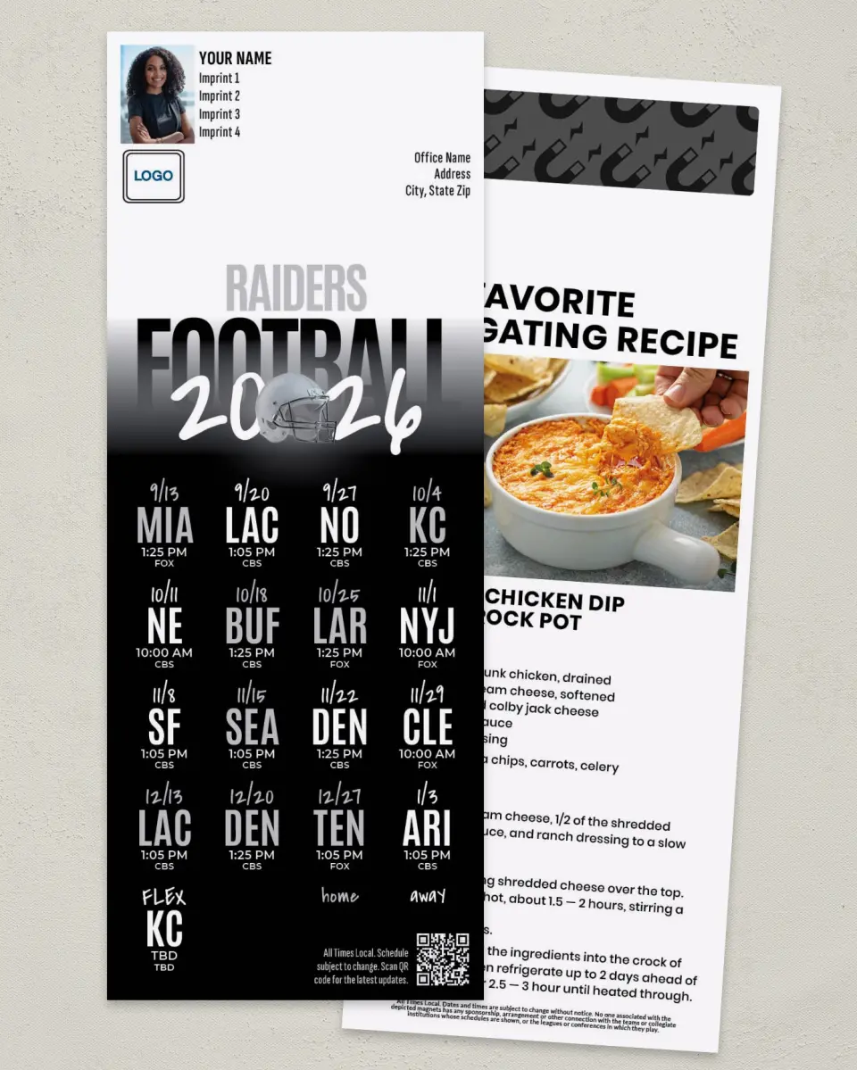This is a 3½" x 9" Football Schedule Magnet called Raiders printed in full color