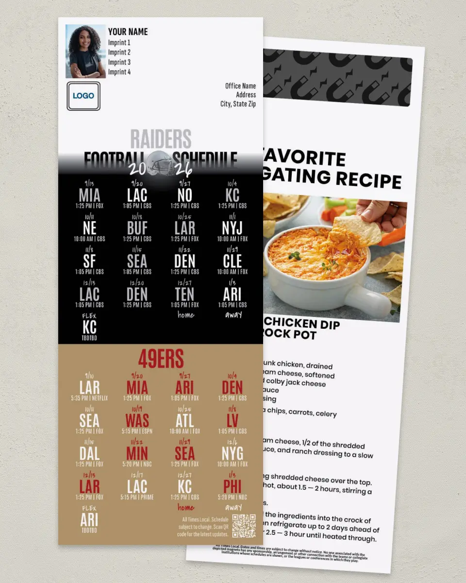 This is a 3½" x 9" Football Schedule Magnet called Raiders + 49ers printed in full color